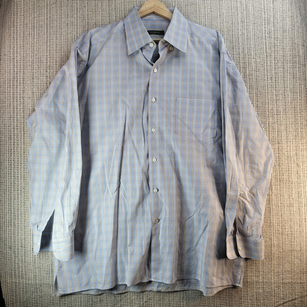 Ermenegildo Zegna Shirt Mens 2XL Blue Tan Plaid Button‎ Front Long Sleeve Dress